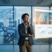 Une professionnelle réfléchit devant des interfaces numériques affichant un réseau social et un site web sécurisé.