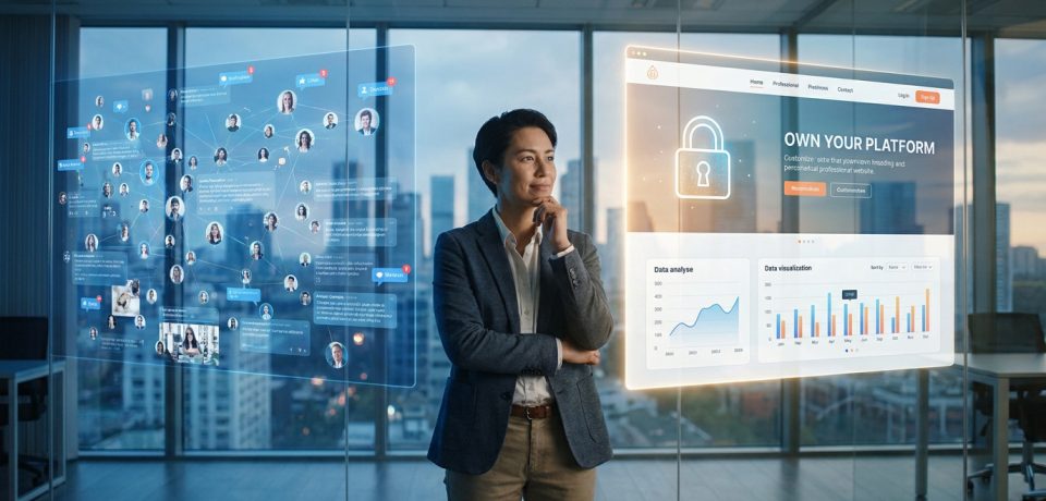 Une professionnelle réfléchit devant des interfaces numériques affichant un réseau social et un site web sécurisé.