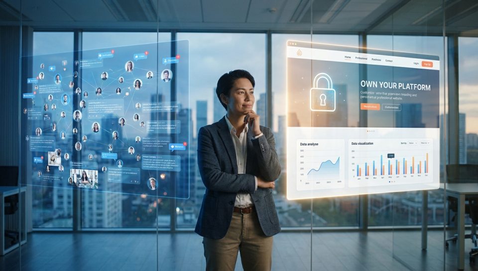 Une professionnelle réfléchit devant des interfaces numériques affichant un réseau social et un site web sécurisé.