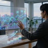 Un professionnel analyse des graphiques de réseaux sociaux sur un écran interactif futuriste dans un bureau.