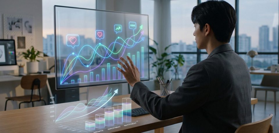 Un professionnel analyse des graphiques de réseaux sociaux sur un écran interactif futuriste dans un bureau.