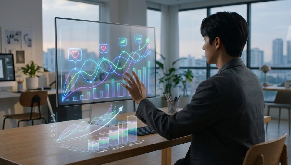 Un professionnel analyse des graphiques de réseaux sociaux sur un écran interactif futuriste dans un bureau.