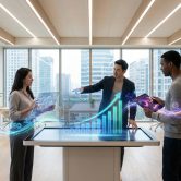 Équipe travaillant sur une table tactile interactive affichant des graphiques de croissance et des données marketing SEO/SEA.