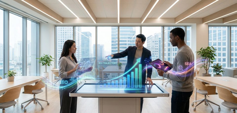 Équipe travaillant sur une table tactile interactive affichant des graphiques de croissance et des données marketing SEO/SEA.