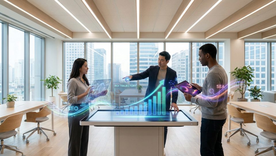 Équipe travaillant sur une table tactile interactive affichant des graphiques de croissance et des données marketing SEO/SEA.