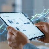 Mains tenant une tablette affichant une page de paiement avec des graphiques de croissance numérique en arrière-plan.