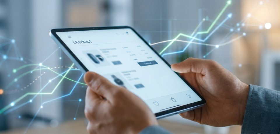 Mains tenant une tablette affichant une page de paiement avec des graphiques de croissance numérique en arrière-plan.