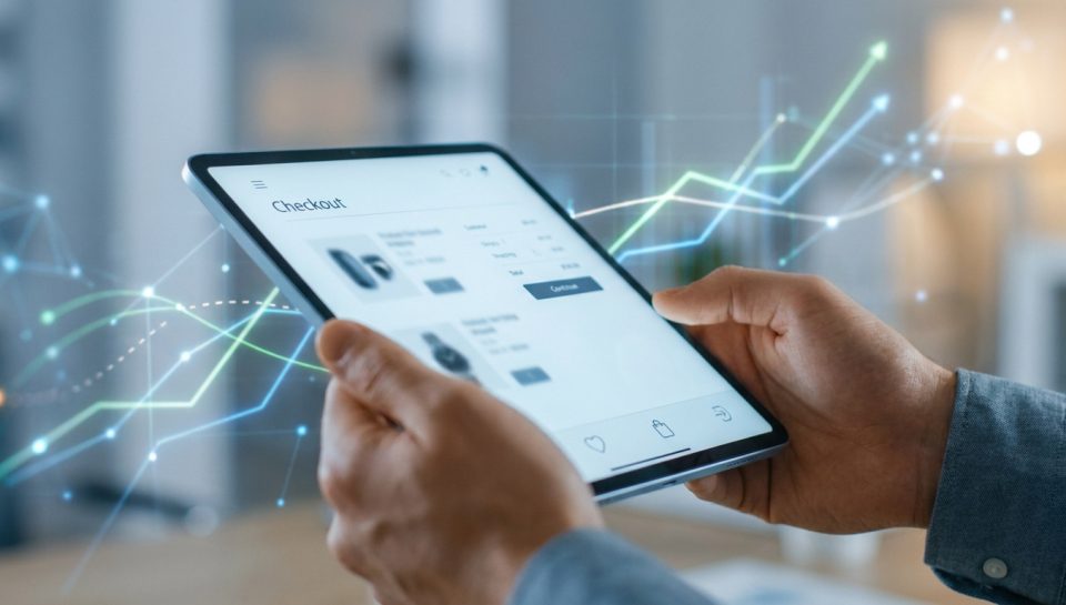 Mains tenant une tablette affichant une page de paiement avec des graphiques de croissance numérique en arrière-plan.