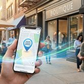 Main tenant un smartphone affichant une carte avec un repère devant une rue commerçante animée.