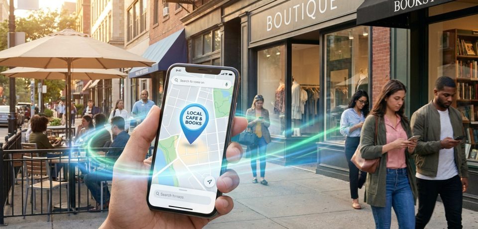 Main tenant un smartphone affichant une carte avec un repère devant une rue commerçante animée.