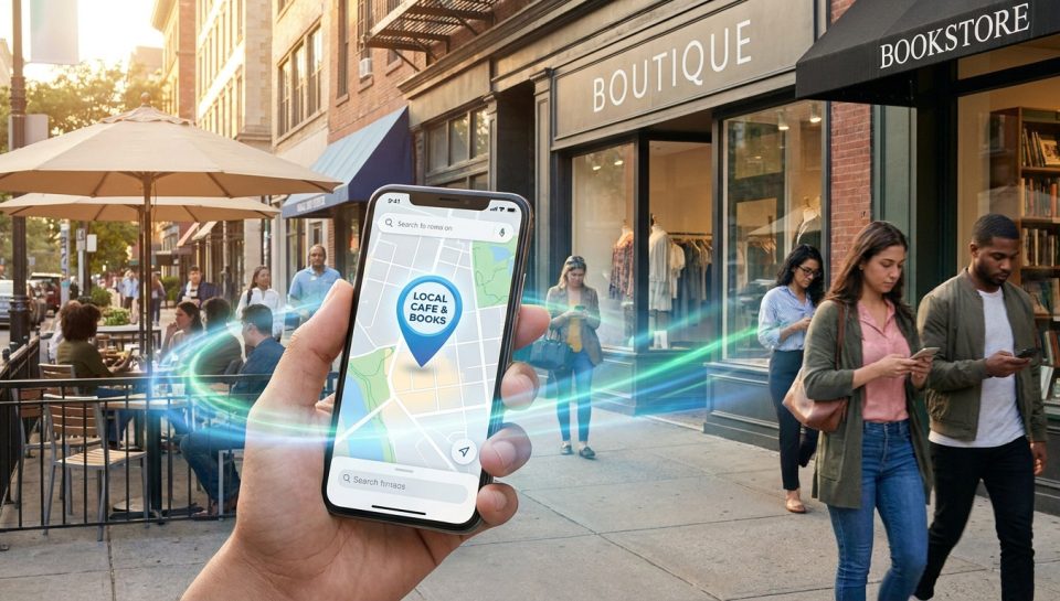 Main tenant un smartphone affichant une carte avec un repère devant une rue commerçante animée.