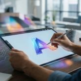 Un graphiste dessine un logo en forme de lettre A sur une tablette tactile avec un stylet dans un bureau moderne.