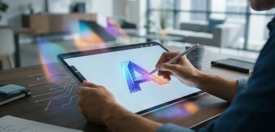 Un graphiste dessine un logo en forme de lettre A sur une tablette tactile avec un stylet dans un bureau moderne.
