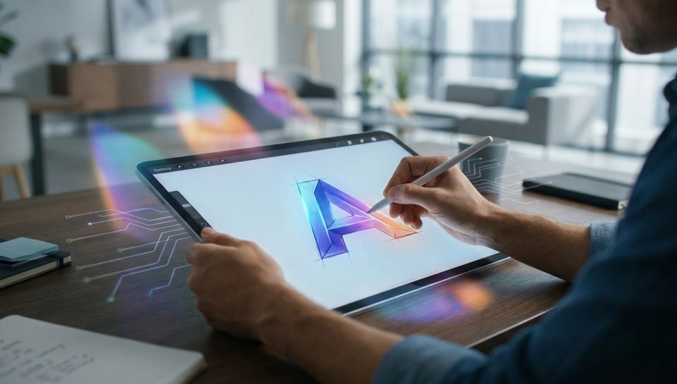 Un graphiste dessine un logo en forme de lettre A sur une tablette tactile avec un stylet dans un bureau moderne.