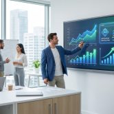 Une équipe en réunion analysant des graphiques de performance et des projections de croissance sur un écran interactif.