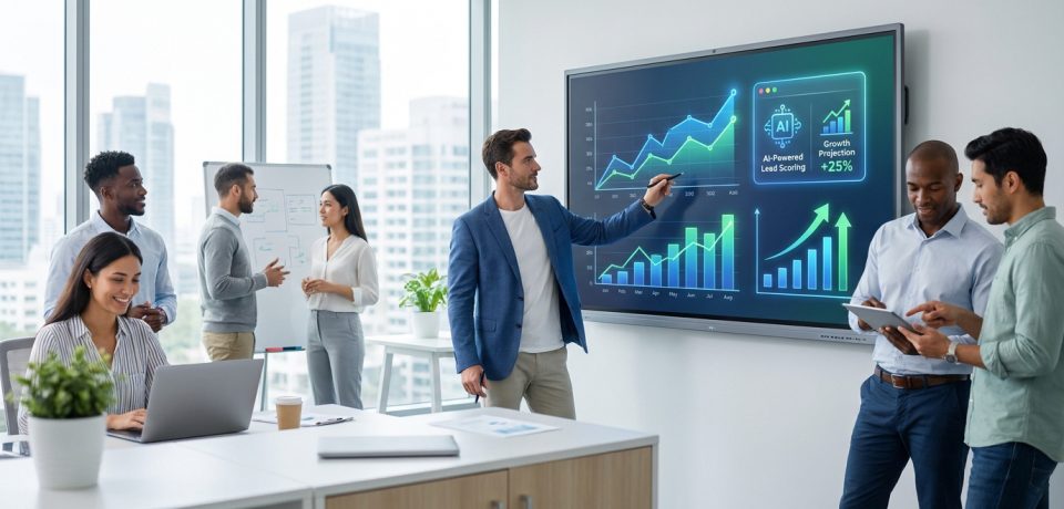 Une équipe en réunion analysant des graphiques de performance et des projections de croissance sur un écran interactif.