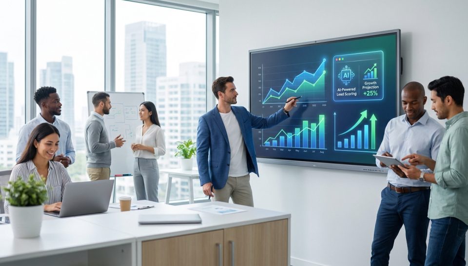 Une équipe en réunion analysant des graphiques de performance et des projections de croissance sur un écran interactif.