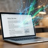 Un ordinateur portable sur un bureau avec des flux de données lumineuses sortant de l'écran illustrant le SEO.