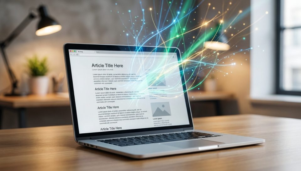 Un ordinateur portable sur un bureau avec des flux de données lumineuses sortant de l'écran illustrant le SEO.