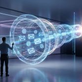 Deux professionnels analysent un tunnel numérique projetant des icônes d'e-mails vers un graphique de croissance.