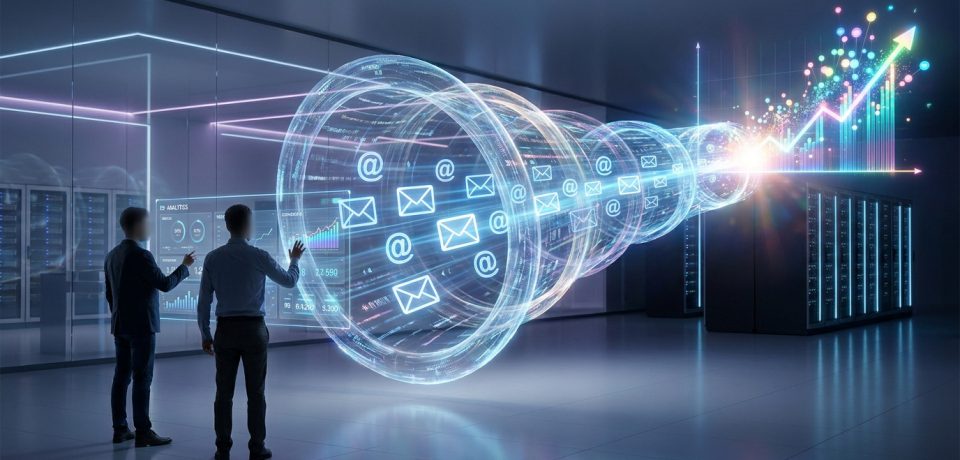 Deux professionnels analysent un tunnel numérique projetant des icônes d'e-mails vers un graphique de croissance.
