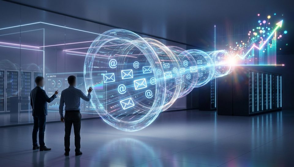 Deux professionnels analysent un tunnel numérique projetant des icônes d'e-mails vers un graphique de croissance.
