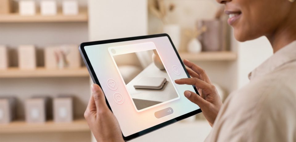 Une personne utilise une tablette affichant une interface de publicité Instagram pour un produit de commerce en ligne.