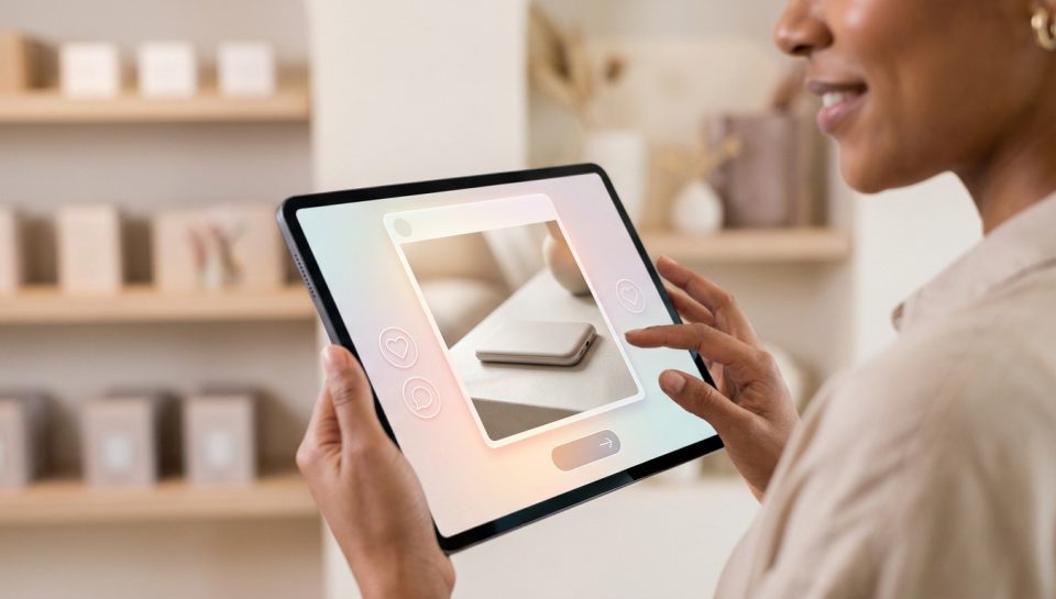 Une personne utilise une tablette affichant une interface de publicité Instagram pour un produit de commerce en ligne.