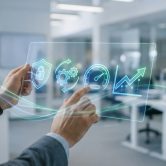 Mains manipulant une interface holographique affichant la sécurité, la performance et la croissance d'un site web.