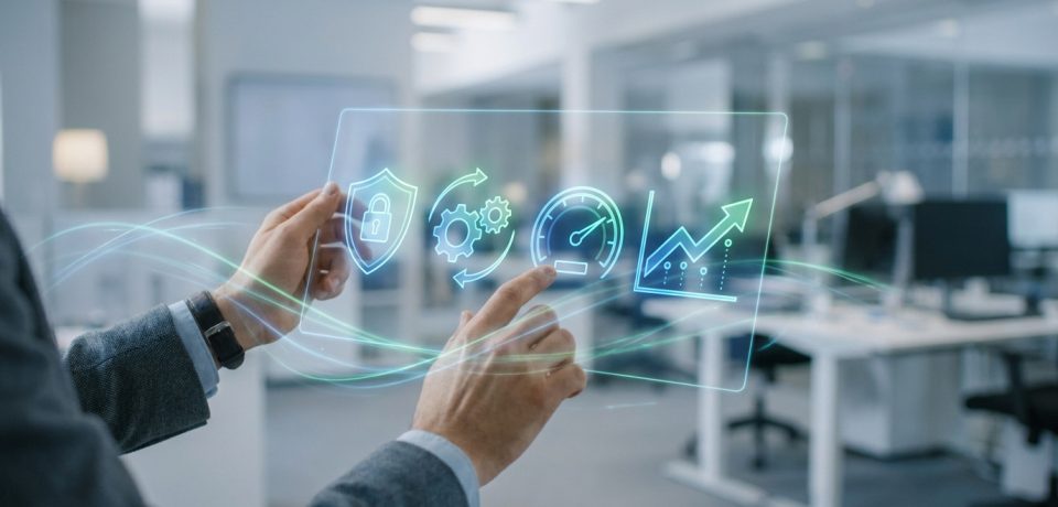 Mains manipulant une interface holographique affichant la sécurité, la performance et la croissance d'un site web.