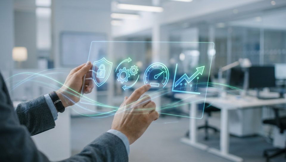 Mains manipulant une interface holographique affichant la sécurité, la performance et la croissance d'un site web.