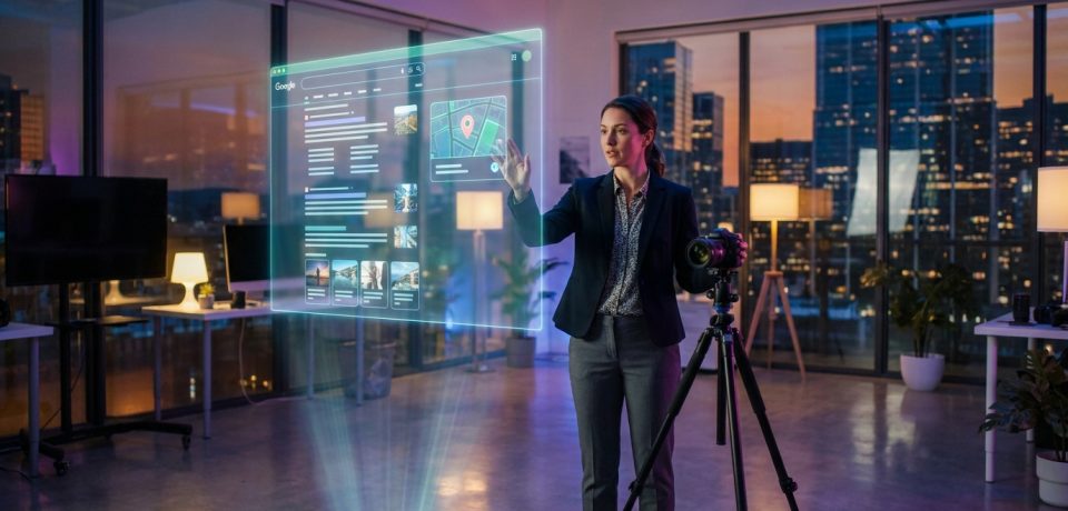 Une photographe utilisant une interface numérique holographique pour gérer son référencement SEO.