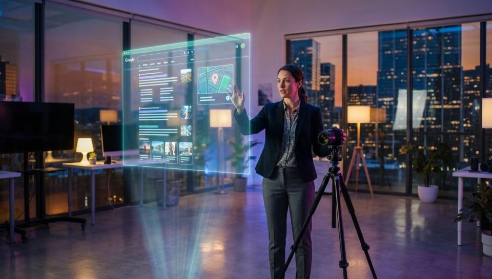 Une photographe utilisant une interface numérique holographique pour gérer son référencement SEO.