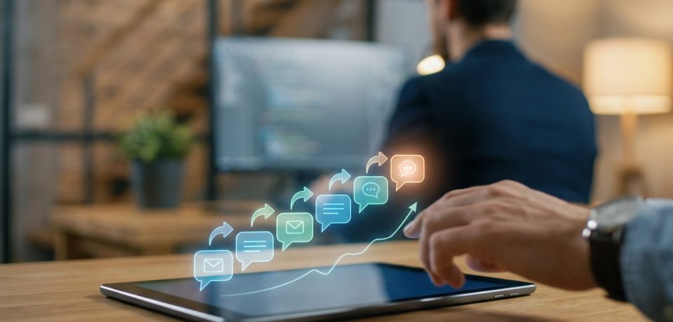 Une main utilise une tablette affichant des icônes holographiques de courriels et de bulles de chat en croissance.