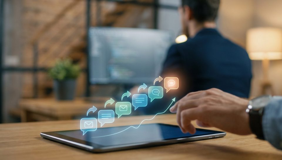 Une main utilise une tablette affichant des icônes holographiques de courriels et de bulles de chat en croissance.