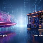 Illustration futuriste opposant Shopify, structure rose néon, et WooCommerce, bloc technique bleu et orange.
