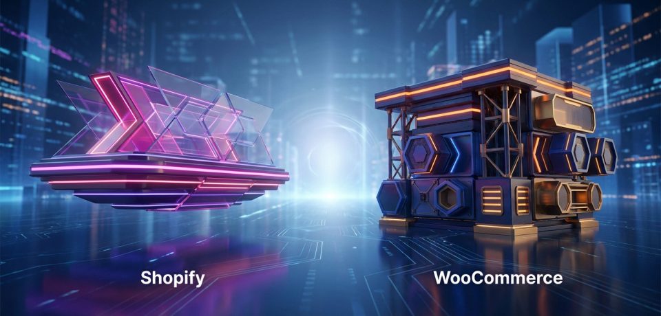 Illustration futuriste opposant Shopify, structure rose néon, et WooCommerce, bloc technique bleu et orange.