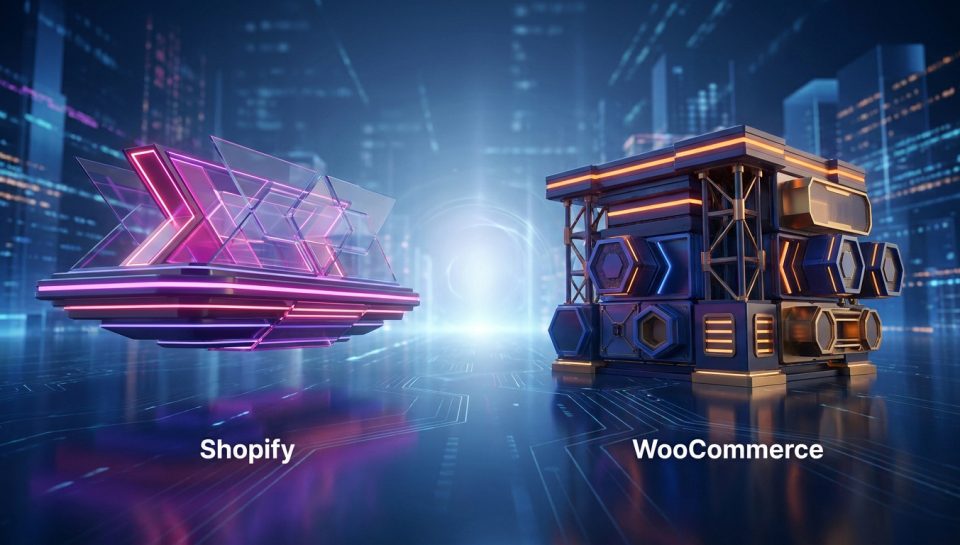 Illustration futuriste opposant Shopify, structure rose néon, et WooCommerce, bloc technique bleu et orange.