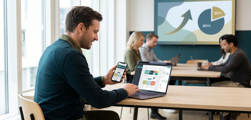 Un homme travaillant sur un ordinateur portable et un smartphone dans un bureau moderne avec des collègues en arrière-plan.