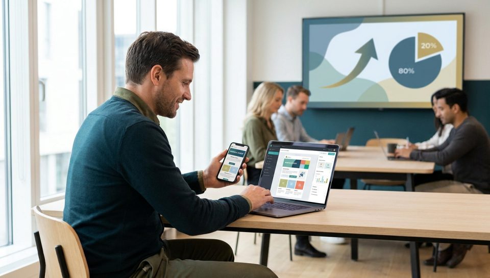 Un homme travaillant sur un ordinateur portable et un smartphone dans un bureau moderne avec des collègues en arrière-plan.