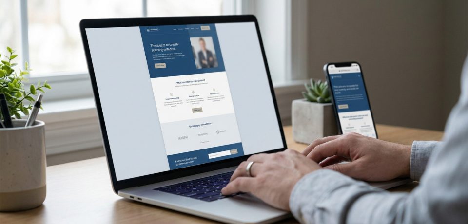 Une personne travaillant sur un ordinateur portable affichant une maquette de site web one-page sur un bureau en bois.
