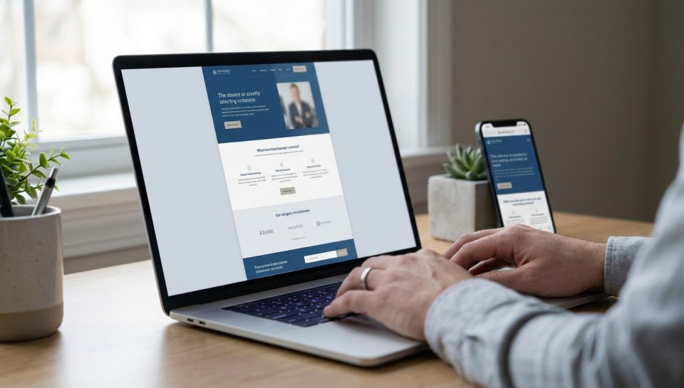 Une personne travaillant sur un ordinateur portable affichant une maquette de site web one-page sur un bureau en bois.