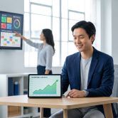 Homme en blazer souriant devant une tablette affichant une croissance, avec une collègue en arrière-plan devant des graphiques.