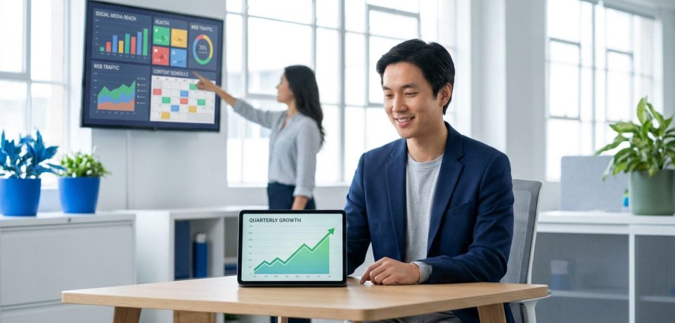 Homme en blazer souriant devant une tablette affichant une croissance, avec une collègue en arrière-plan devant des graphiques.