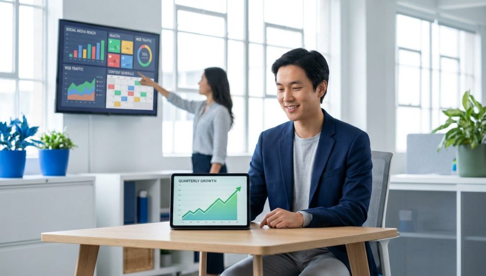 Homme en blazer souriant devant une tablette affichant une croissance, avec une collègue en arrière-plan devant des graphiques.