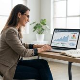 Une femme professionnelle consulte des statistiques de croissance digitale sur son ordinateur portable dans un bureau.