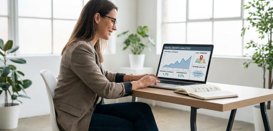 Une femme professionnelle consulte des statistiques de croissance digitale sur son ordinateur portable dans un bureau.