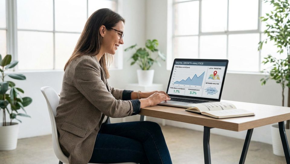 Une femme professionnelle consulte des statistiques de croissance digitale sur son ordinateur portable dans un bureau.