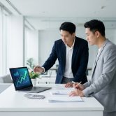 Deux professionnels analysant des graphiques de croissance sur un ordinateur portable dans un bureau moderne.