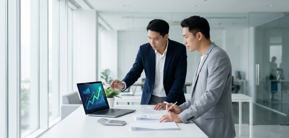 Deux professionnels analysant des graphiques de croissance sur un ordinateur portable dans un bureau moderne.